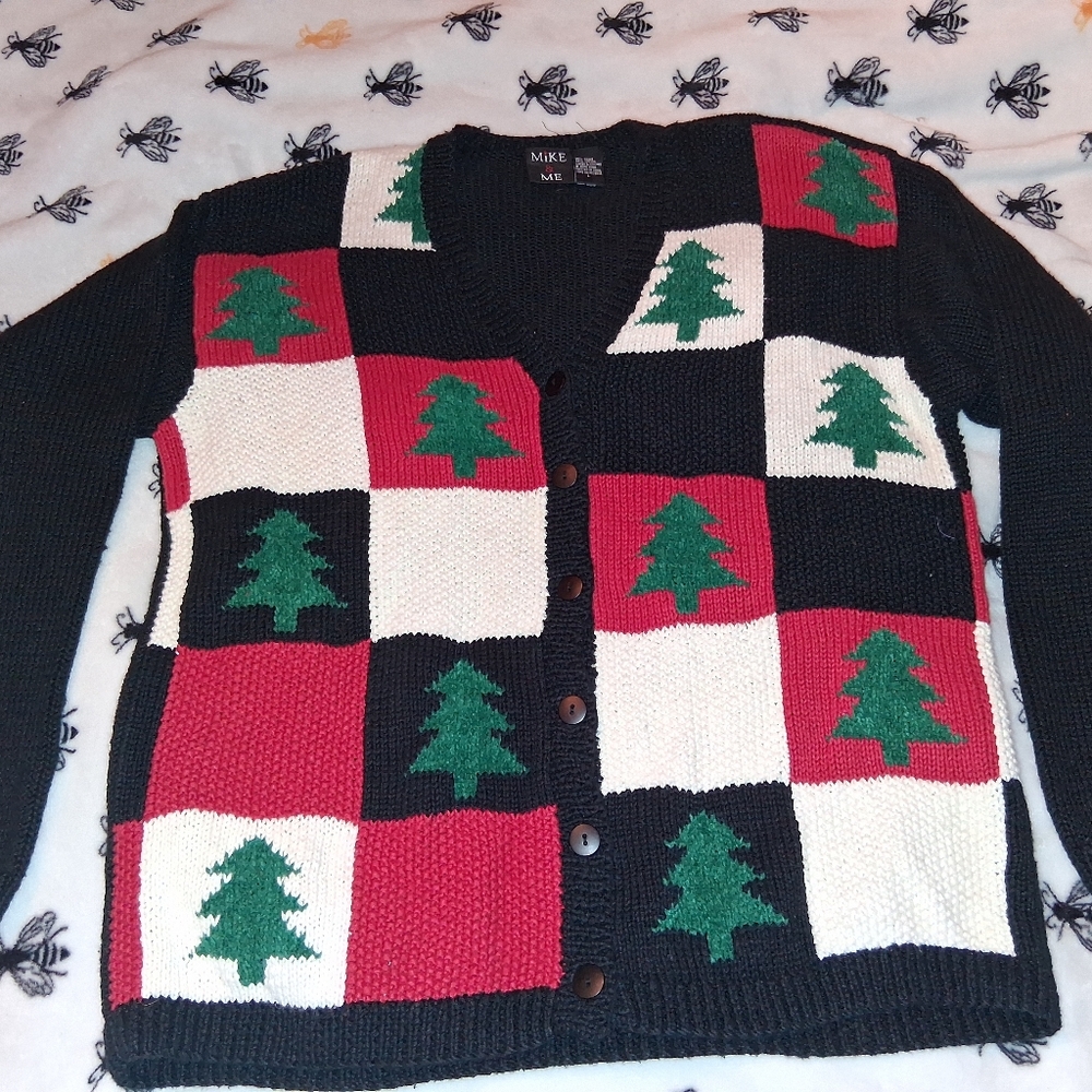 Festive Sweater - Red, Black, and White. With green Trees